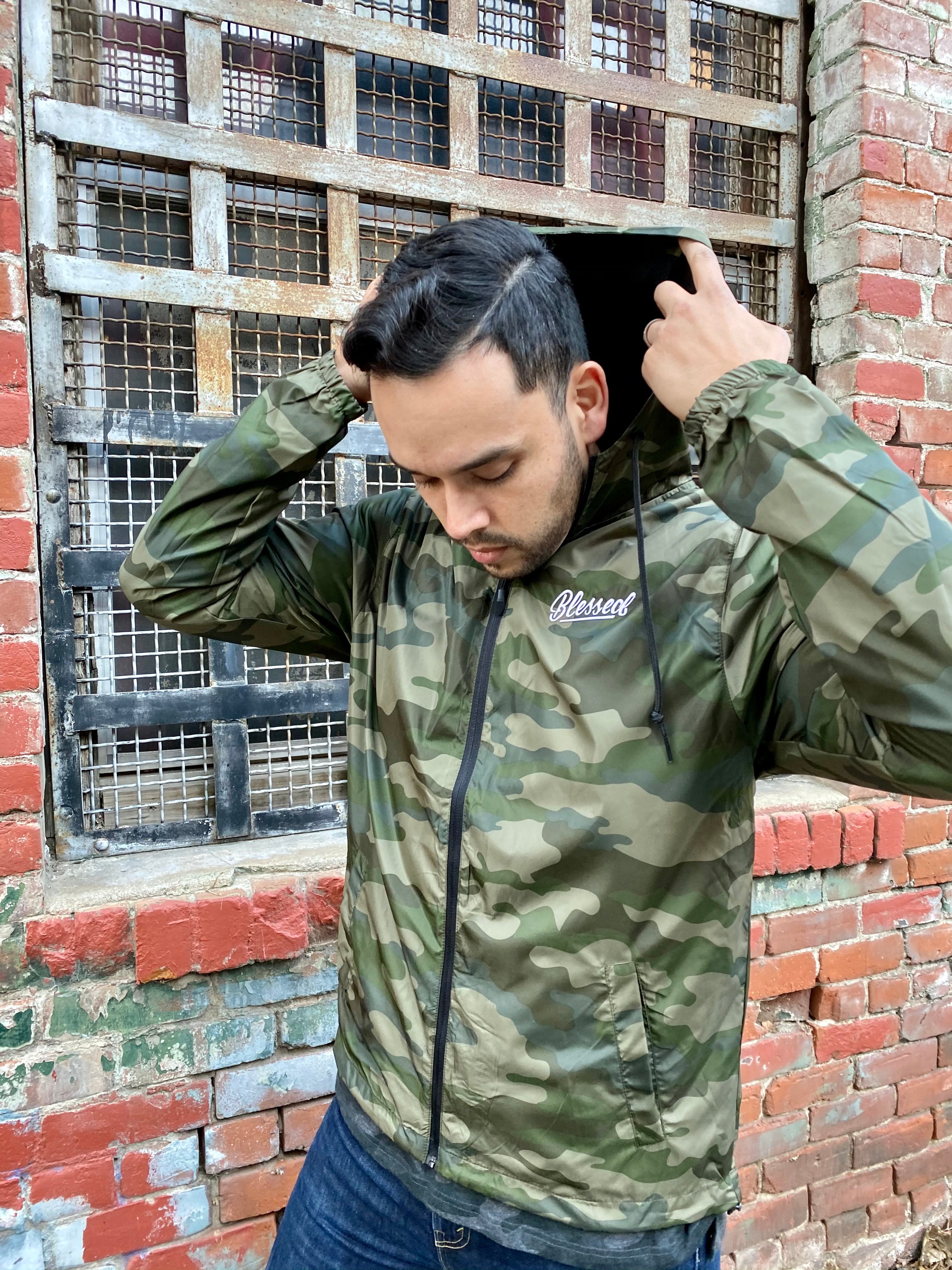 Risen Lightweight Water-Resistant Army Windbreaker Jacket with Blessed Embroidery