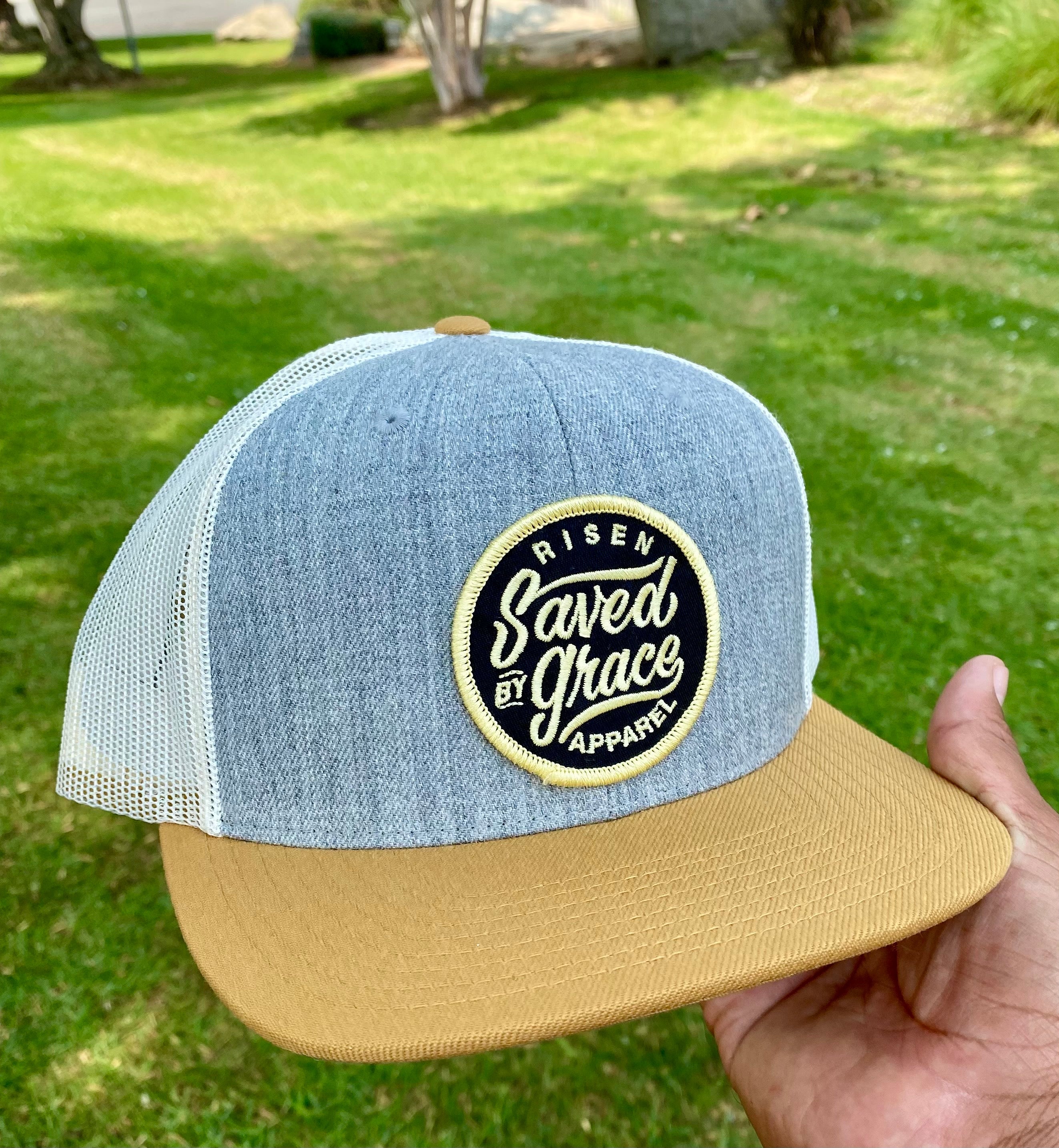 Saved by grace white & gold trucker hat