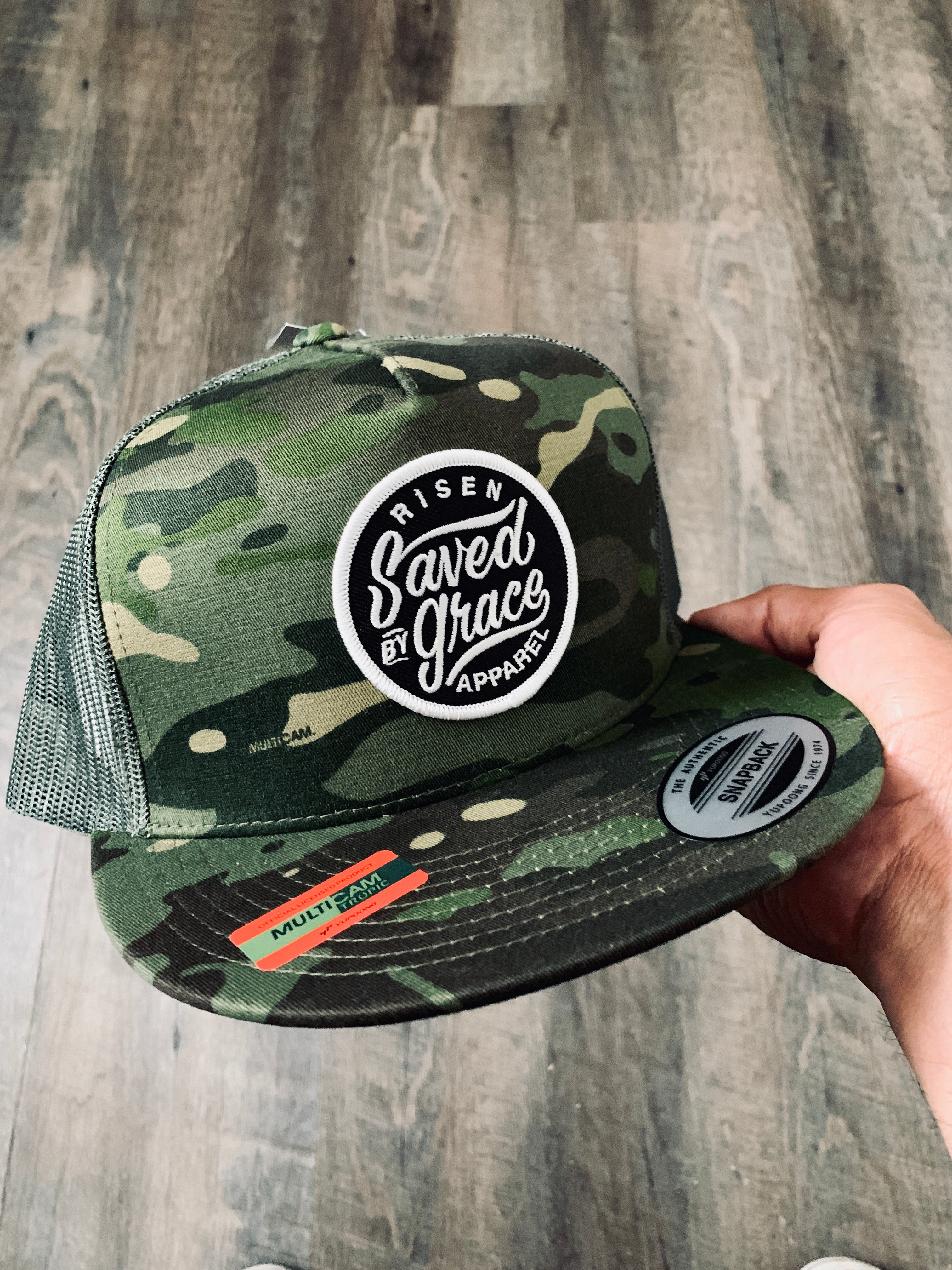 Camo saved by grace trucker hat