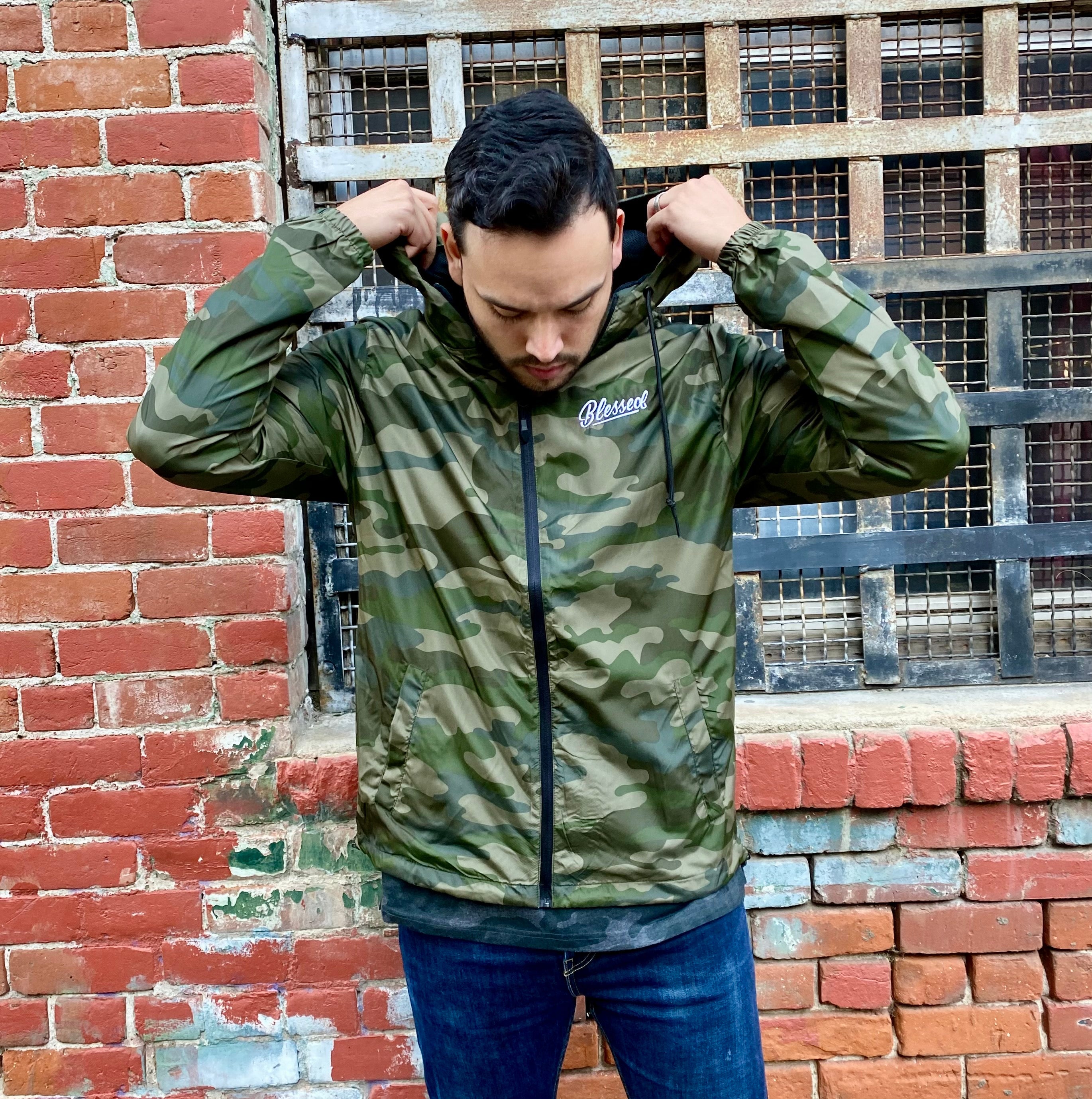 Risen Lightweight Water-Resistant Army Windbreaker Jacket with Blessed Embroidery