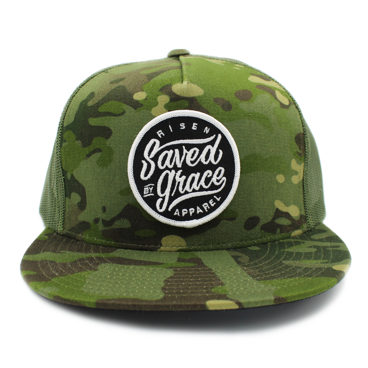 Camo saved by grace trucker hat